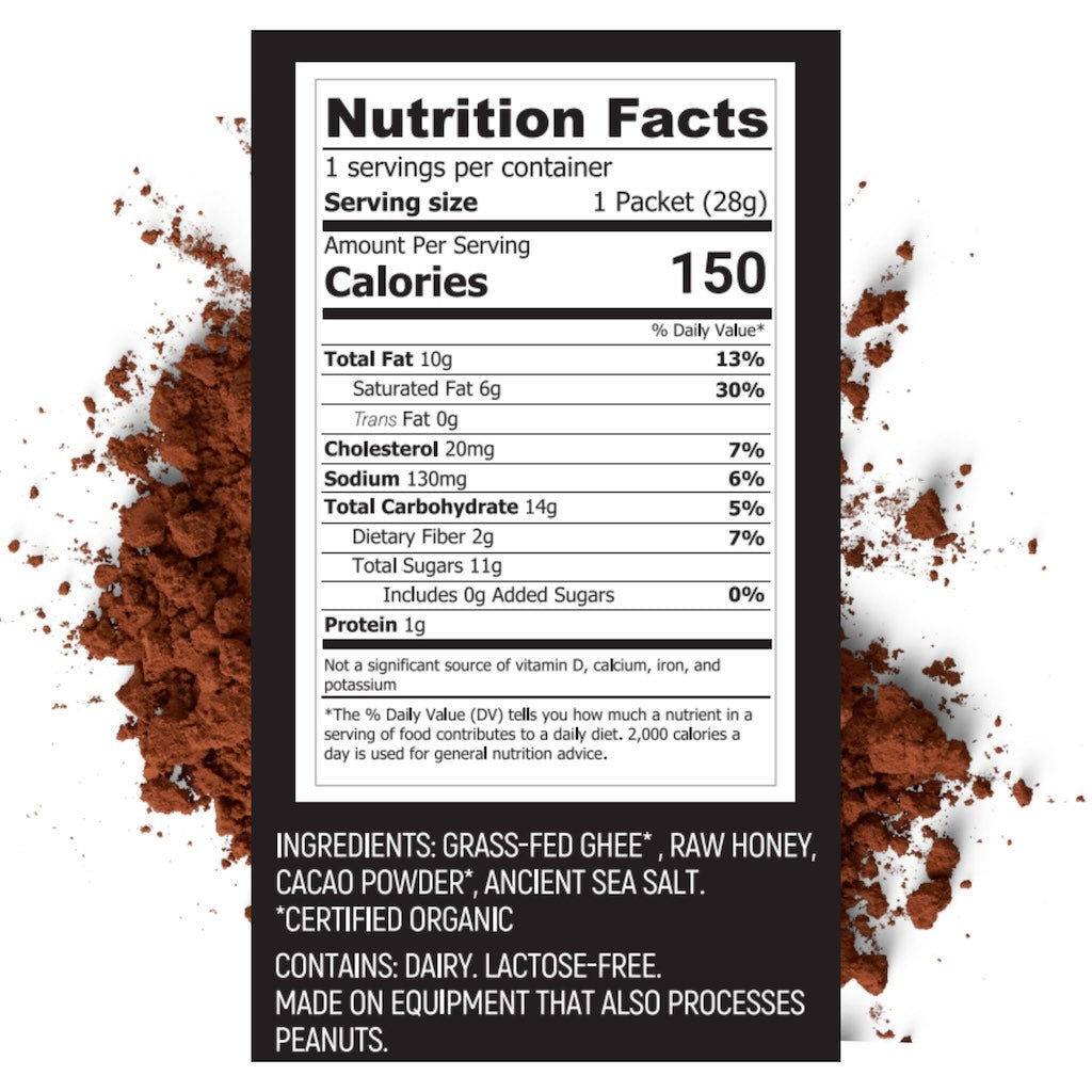 Hunghee Cacao nutrition facts – primal energy snack with grass-fed ghee, cacao, and honey for keto endurance fuel