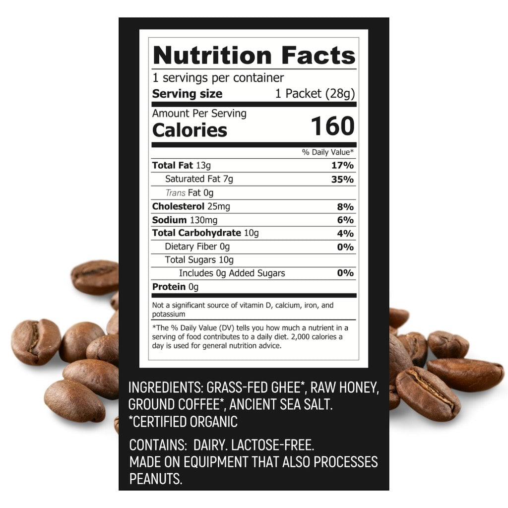 Hunghee Coffee Crunch nutrition facts – grass-fed ghee, raw honey, coffee, and sea salt keto energy snack