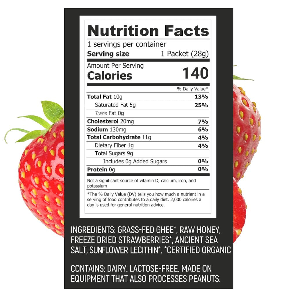 Strawberry Hunghee Energy nutrition label – animal-based keto snack with ghee, honey, and salt for endurance