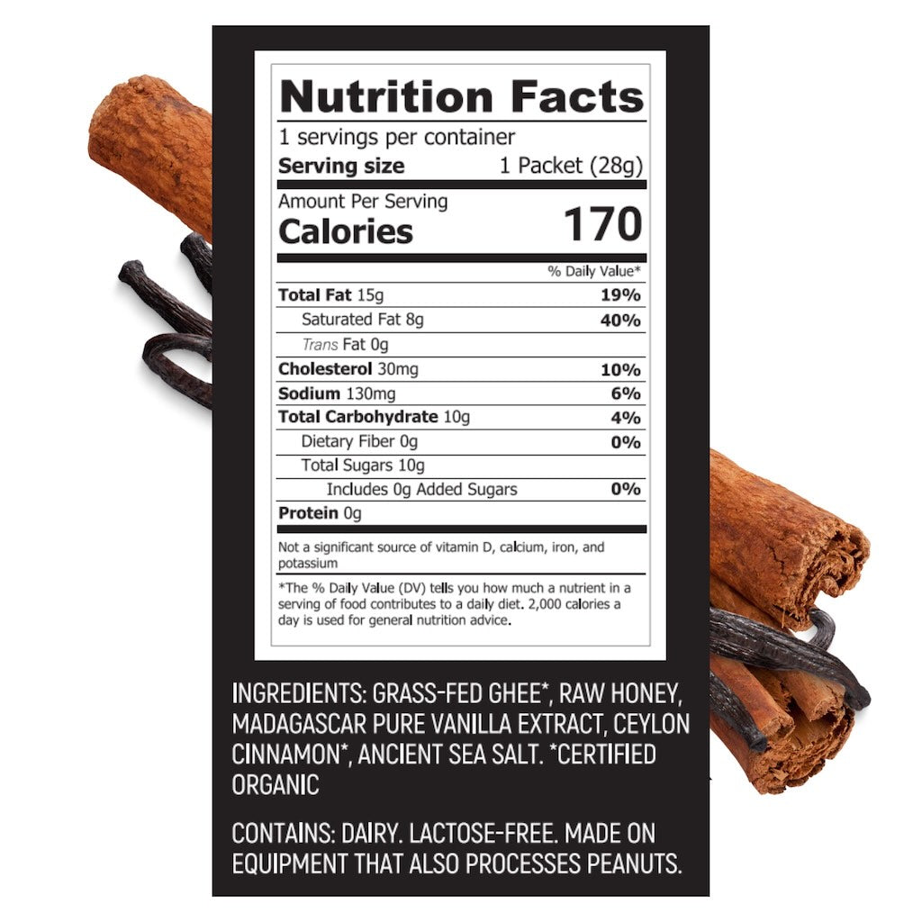Vanilla Cinnamon Hunghee Energy nutrition label – animal-based keto snack with ghee, honey, and salt for preworkout
