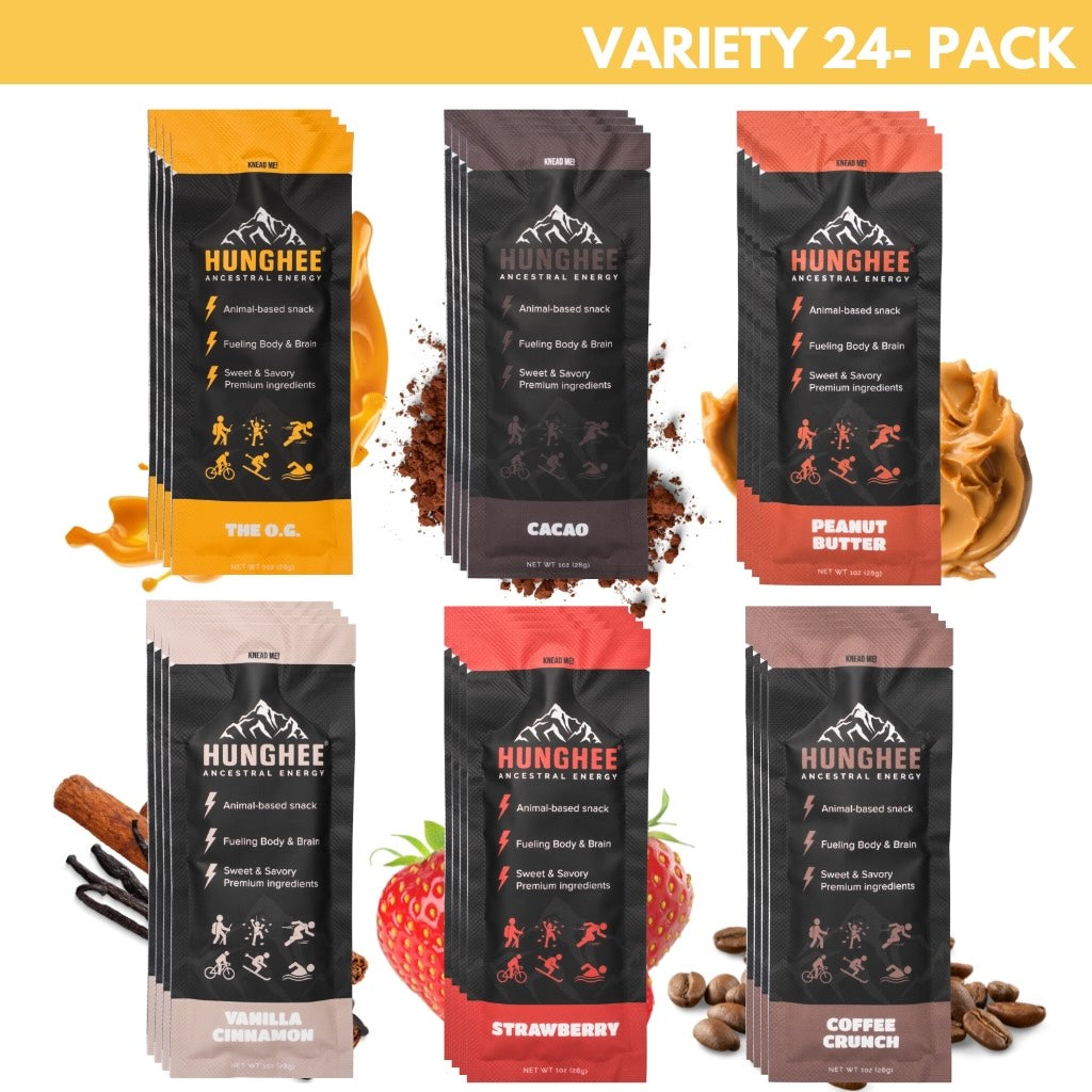 Hunghee Energy Variety 24-pack – ancestral and keto-friendly snack sampler with ghee, honey, and real-food performance fuel