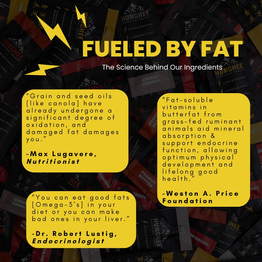 Hunghee Energy infographic – healthy fats, omega-3s, and grass-fed butter for clean energy and endurance