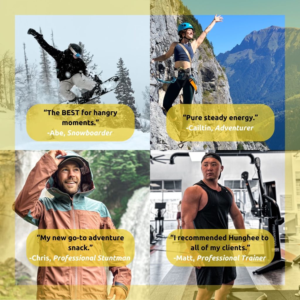 Hunghee Energy athlete testimonials – snowboarder, climber, and trainer praising steady energy and performance fuel
