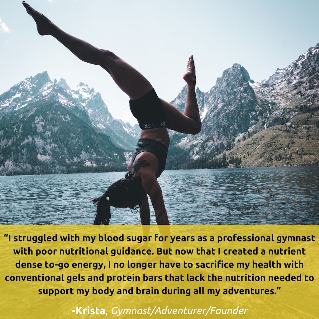 Hunghee Energy testimonial – gymnast performing handstand by mountain lake, praising nutrient-dense energy
