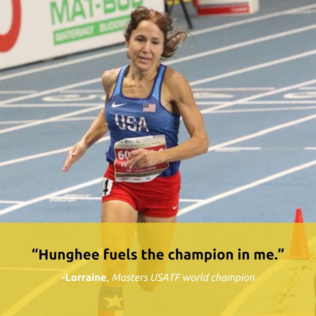 Lorraine testimonial for Hunghee Energy – champion runner fueling race performance with ancestral endurance nutrition