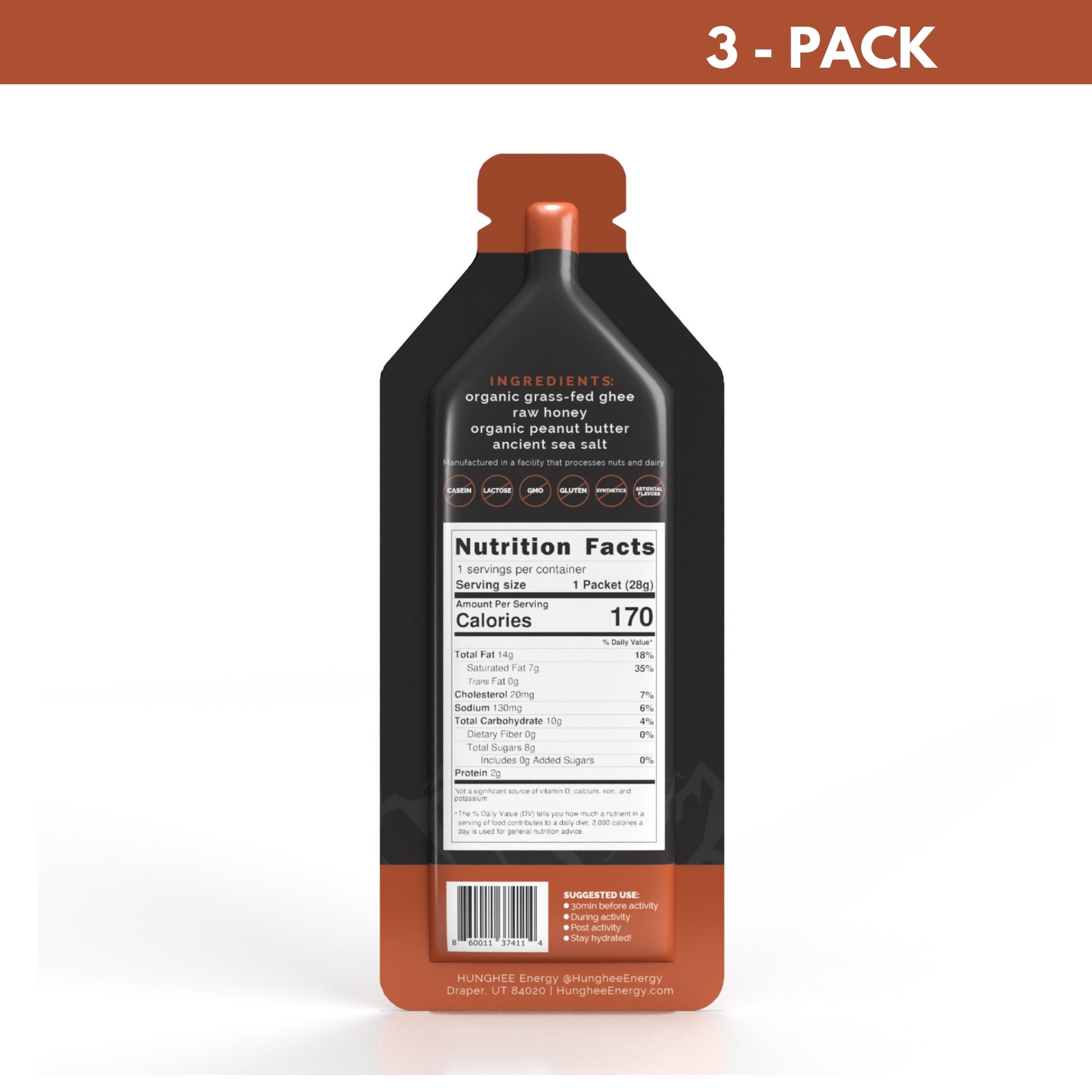 Peanut Butter 3 Pack Hunghee Ancestral Energy Salt Lake City, Utah. Best Carnivore Energy Gel for Sport Nutrition, Hiking