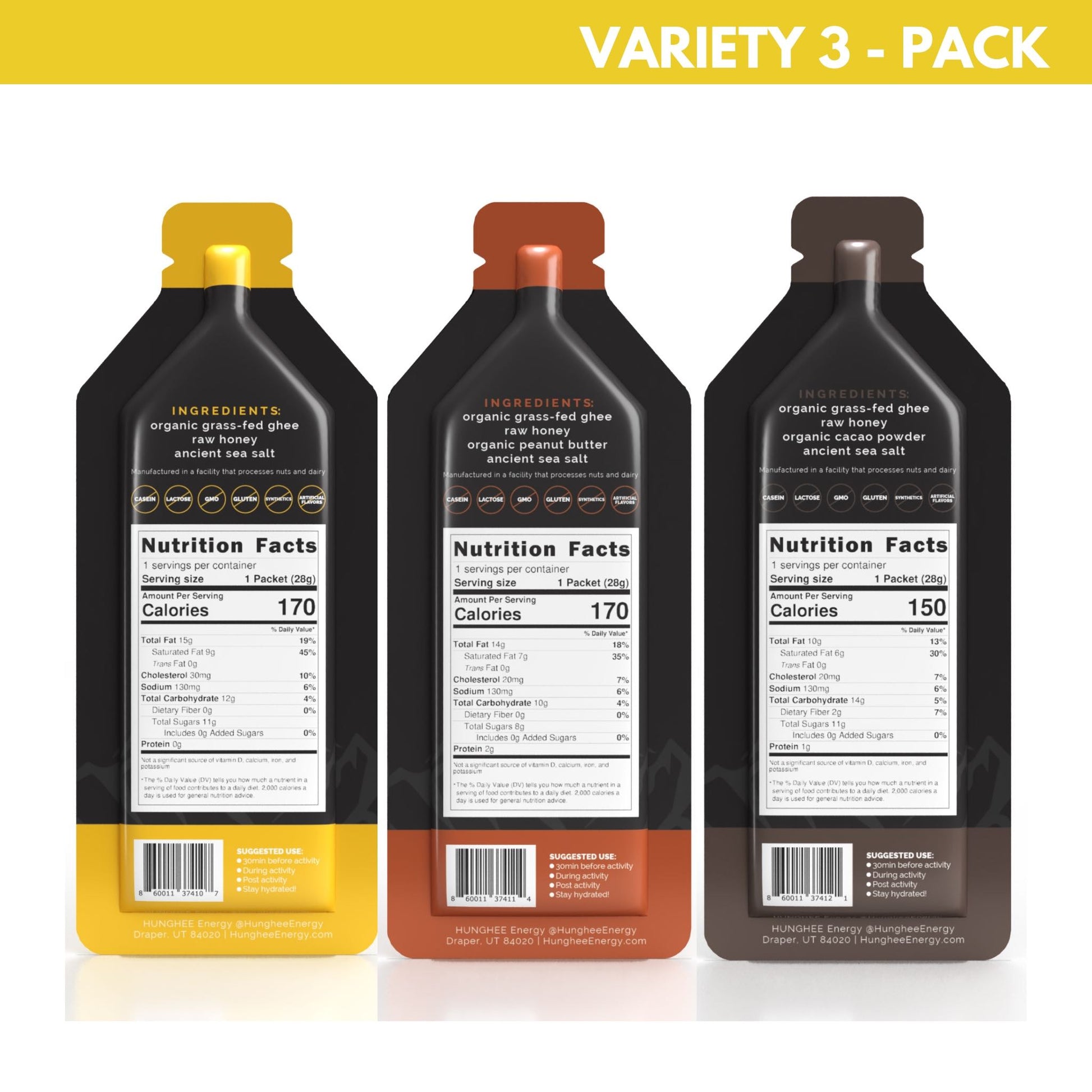 Variety 3 Pack Hunghee Ancestral Energy Salt Lake City, Utah. Best Carnivore Energy Gel for Sport Nutrition, Endurance, Football